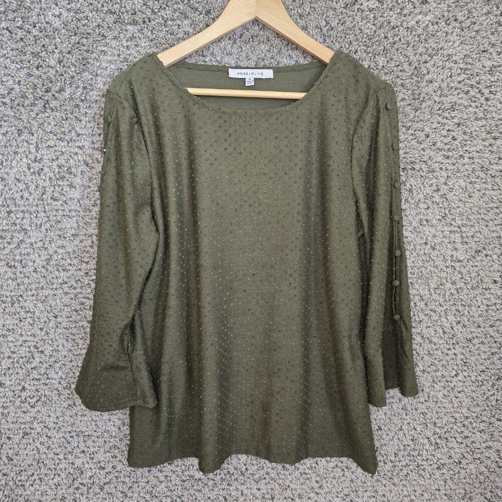 Rose & Olive Top Womens Medium Green Swiss‎ Dot Scoop Neck Blouse Ladies